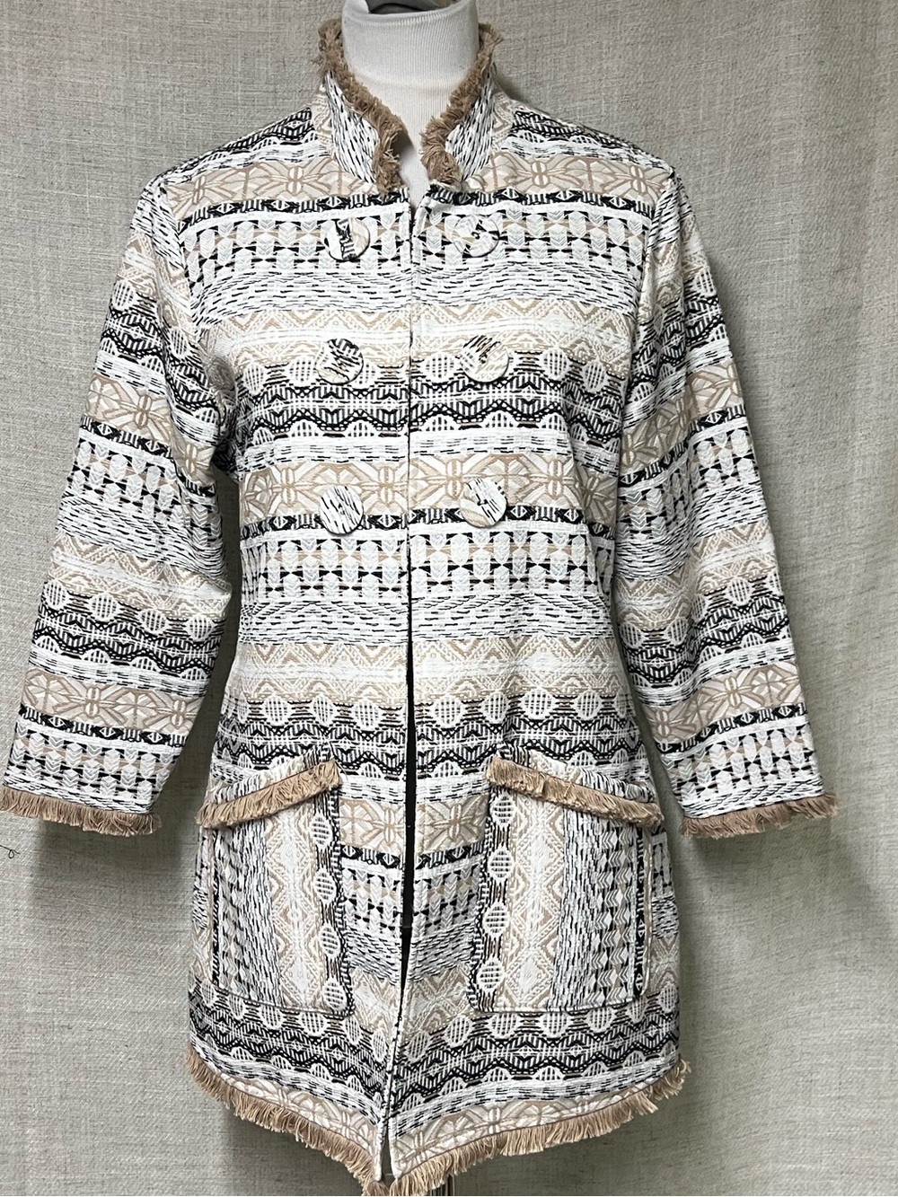Multiples Geometric Fringe-Trim Jacket in Cream, Black & Tan
